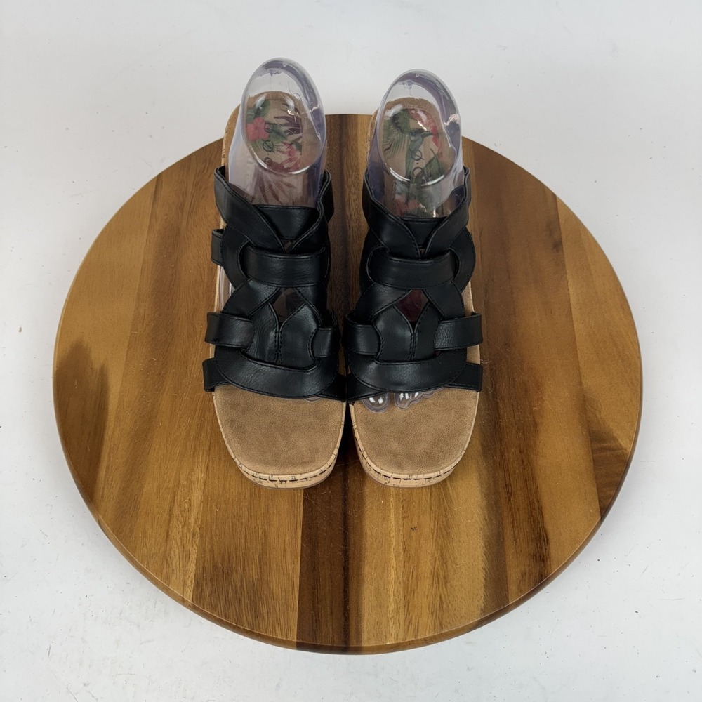 New Womens BOC Born Cora Black Faux Leather Cork Slip On Wedge Sandals Size 11 M